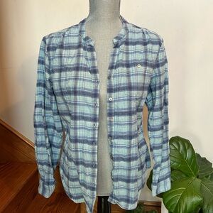 L.L. Bean Light Blue and Navy Plaid Light Button-Up Shirt